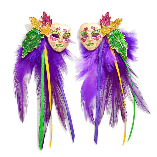 Mardi Gras Mask Earrings w/ Feather Detail