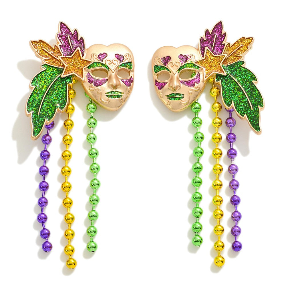 Mardi Gras Mask Earrings w/ Bead Tassels