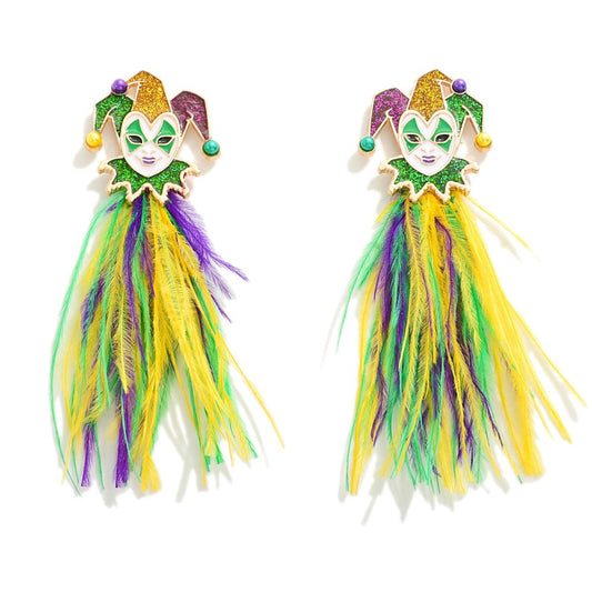 Mardi Gras Jester Earrings w/ Feather Detail