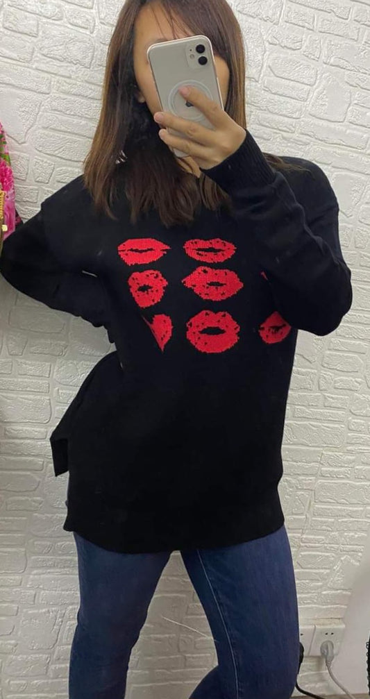 Black/Red Lips and Hearts Valentine Sweater